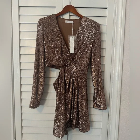 jonathan simkhai gold sequin dress Simkhai Women's Opal Sequin Mini Long Sleeve Dress in Gold, Size 0 main image 1